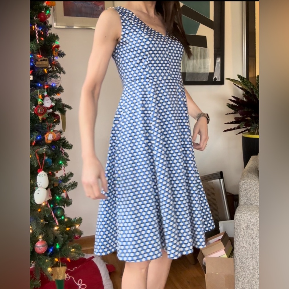 Kate Spade Size 4 Party Dress Kelly Benay Blue White Black Polka Dot Sleeveless